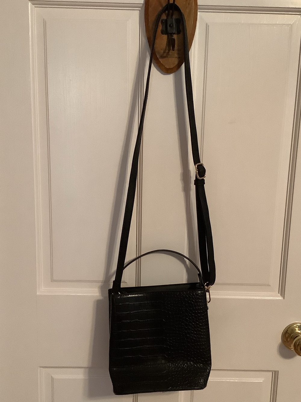 Black Vegan Leather Croc-Embossed Crossbody Bag